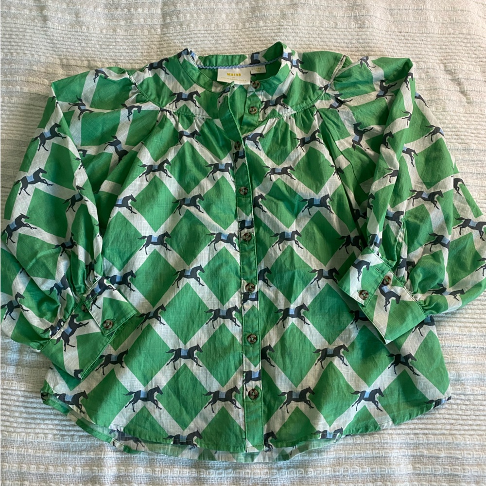 Anthropologie Green and White Casual Button Down Shirt with Horse Pattern